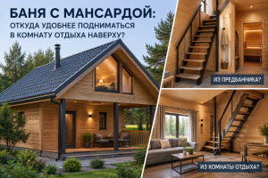 Баня с мансардой: откуда удобнее подниматься в комнату отдыха наверху